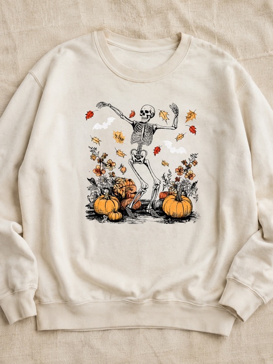 Gildan Other - Gildan Cream Short Sleeve Tee with Dancing Skeleton & Pumpkin Art